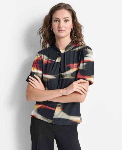 Women's Abstract-Print Twist-Neck Keyhole Blouse