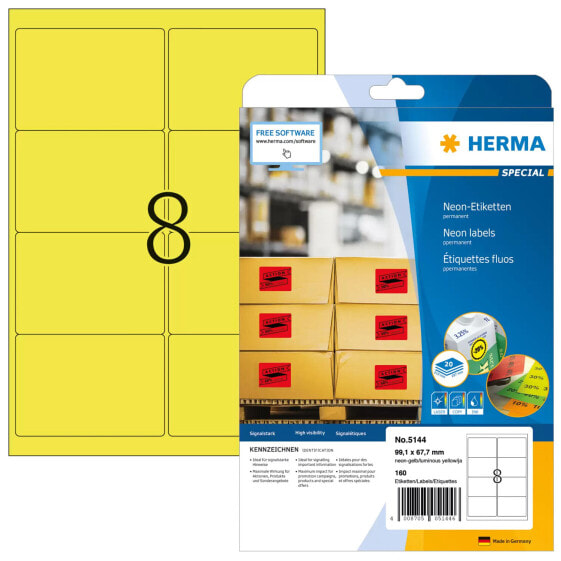 HERMA Neon labels A4 99.1x67.7 mm luminous yellow paper matt 160 pcs. - Yellow - Rounded rectangle - Permanent - Paper - Matte - Laser/Inkjet
