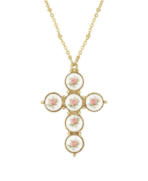 Gold-Tone Pink Flower Decal Cross 30" Necklace