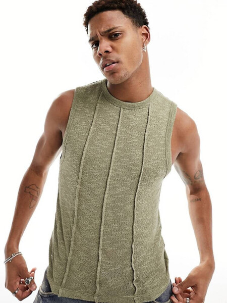 ASOS DESIGN muscle fit textured vest in khaki with seam detail