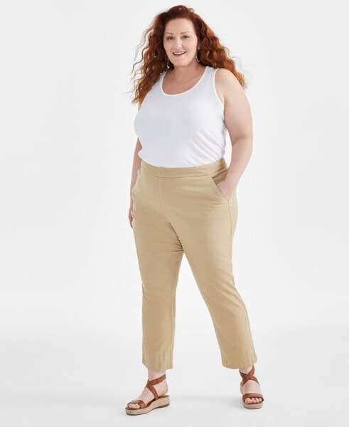 Plus Size Mid-Rise Linen Blend Everyday Ankle Pants, Created for Macy's