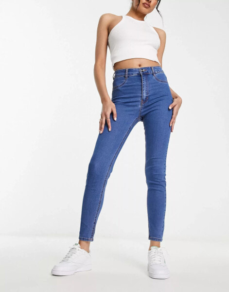 Pull&Bear high waisted skinny jeans in mid blue