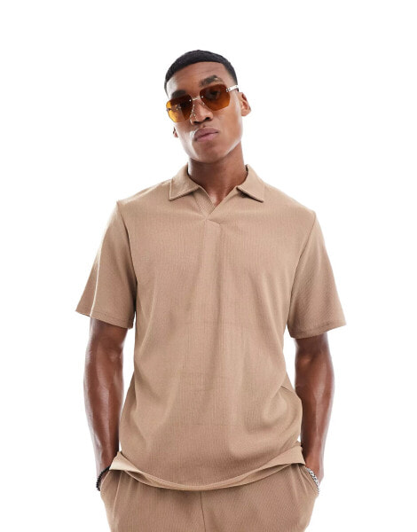 Jack & Jones co-ord revere collar plisse polo in khaki