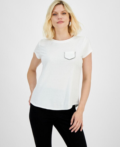 Petite Cotton Embellished-Pocket T-Shirt, Created for Macy's