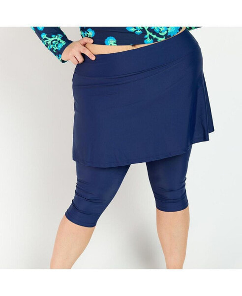 Women's Plus Size Flared Swim Skort With Capri Leggings