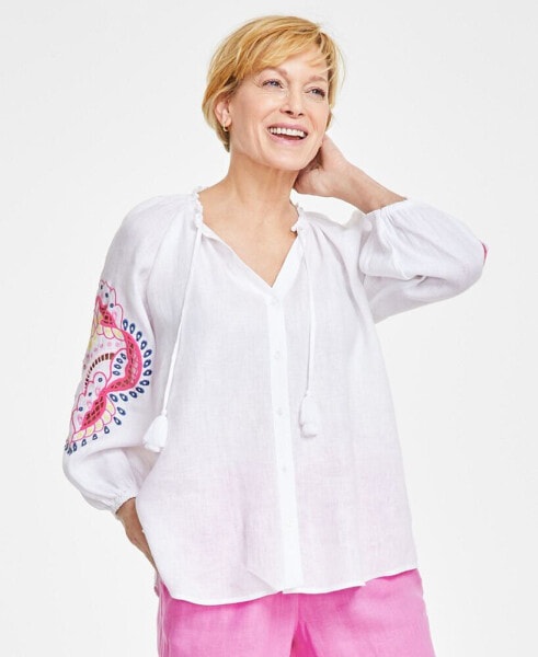 Women's 100% Linen Embroidered-Sleeve Peasant Top, Created for Macy's
