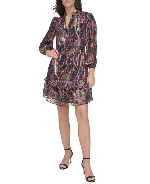 Petite Metallic Paisley Ruffled Tie-Neck Dress