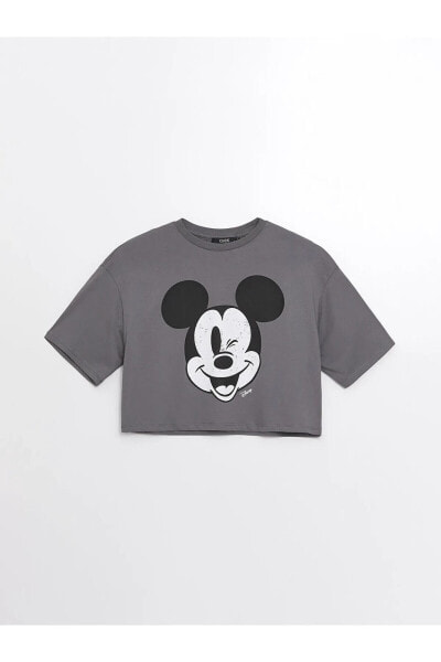 LCW Bisiklet Yaka Mickey Mouse Baskılı Kısa Kollu Oversize Kadın Crop