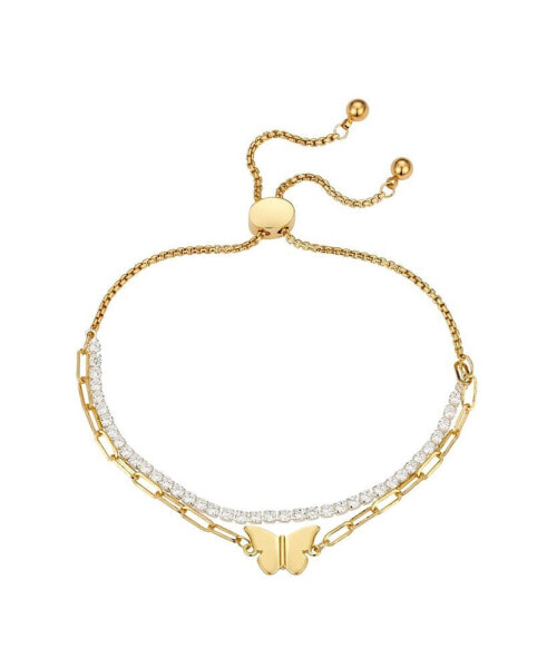 14K Two Tone Gold-Plated Cubic Zirconia and Butterfly Link Double Strand Bolo Bracelet