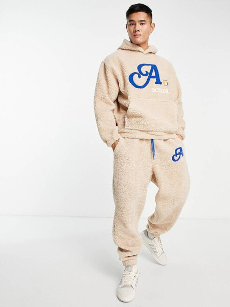 ASOS Actual co-ord relaxed jogger in teddy borg with boucle logo in cream