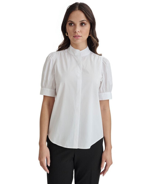 Women's Solid Mandarin-Collar Puff-Sleeve Top