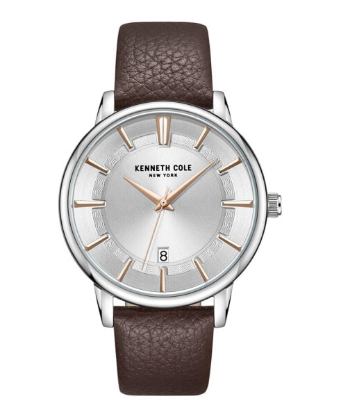 Men's Quartz Classic Brown Dark Genuine Leather Watch 42mm