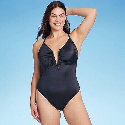 Women's Shirred V-Wire Plunge One Piece Swimsuit - Shade & Shore Gray XL