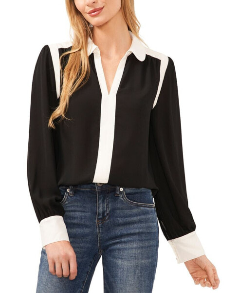 Women's Long Sleeve Peter Pan Collar Colorblocked Blouse