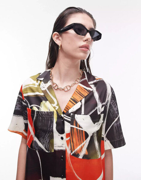 Topshop co ord abstract artsy print satin resort shirt in multi