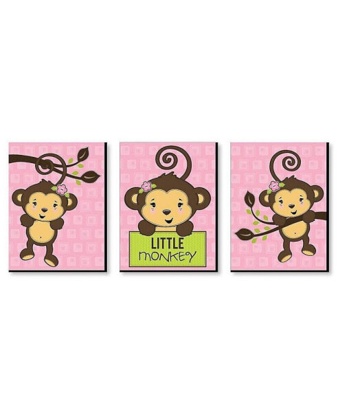 Pink Monkey Girl - Baby Girl Wall Art Decor - 7.5 x 10 inches - Set of 3 Prints