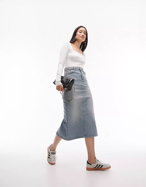 Topshop denim midi skirt in ultimate bleach