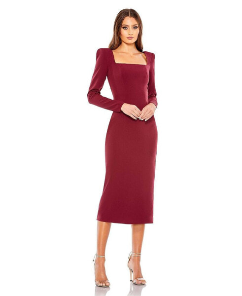 Women's Ieena Solid Square Puff Long Sleeve Fitted Midi Dress