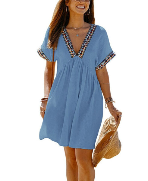 Women's Blue Boho Short Sleeve V-Neck Mini Beach Dress