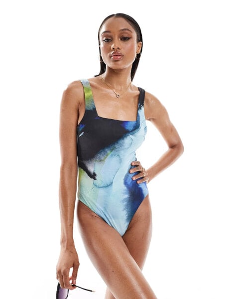 ASOS DESIGN Tall Whitney square neck swimsuit in blue watercolour