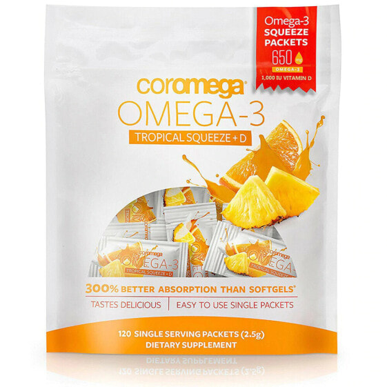 Coromega Omega-3 Tropical Squeeze plus D Tropical Orange  Комплекс с  Омега-3 из рыбьего жира + витамина D 120 пакетиков