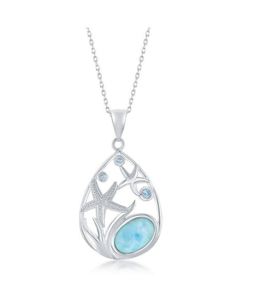 Sterling Silver pear-Shaped Starfish Blue CZ and Larimar Pendant