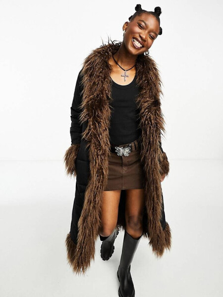 Native Youth longline cocoon puffer coat in black with brown faux fur trim