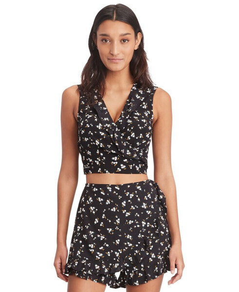 Women's Floral-Print Cropped Ruffled Top