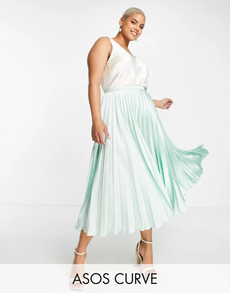 ASOS DESIGN Curve satin pleated midi skirt in mint green