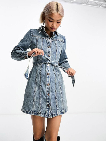 Stradivarius – Denim-Hemdblusenkleid in Mittelblau mit Ziernaht