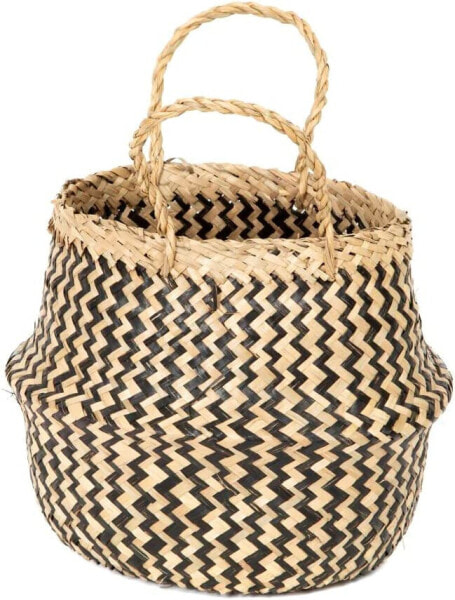 Simple Life Seagrass Belly Basket With Handles Foldable Woven Black Natural