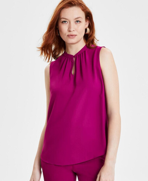 Petite Solid Jewel-Neck Sleeveless Keyhole Top