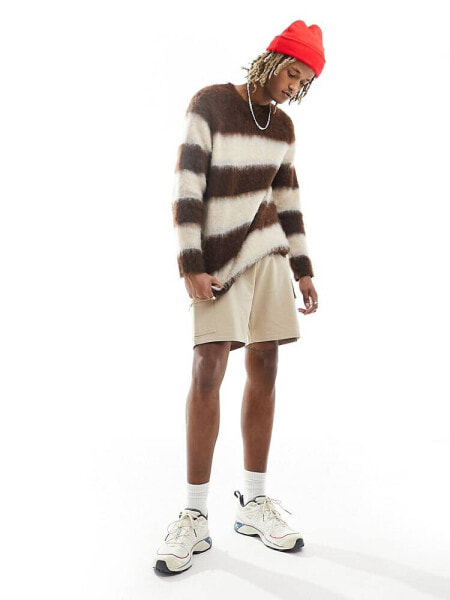 ASOS DESIGN knitted extreme fluffy jumper in brown stripe