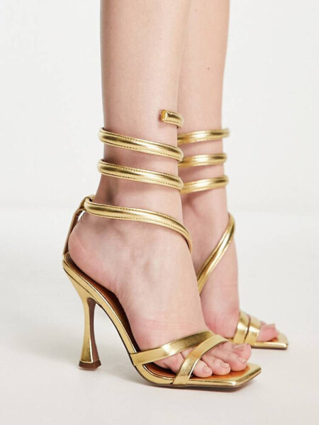 ASOS DESIGN Neo ankle coil high heeled sandals in gold