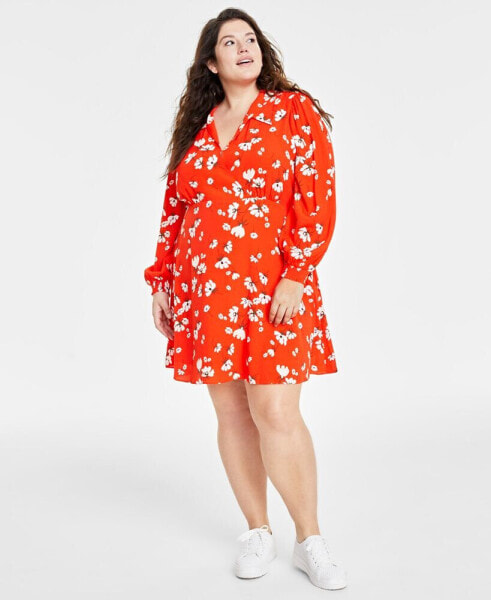 Trendy Plus Size Print Collared Surplice-Neck Dress, Created for Macy's