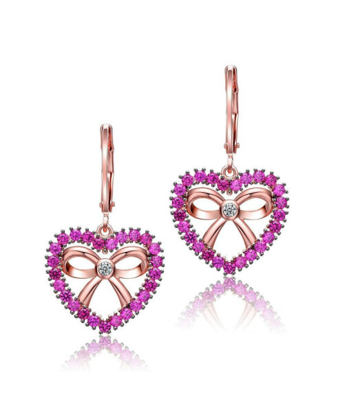 Kids 18k Rose Gold Plated Hollow Heart Dangle Earrings with Ruby Cubic Zirconia and Infinity Ribbon