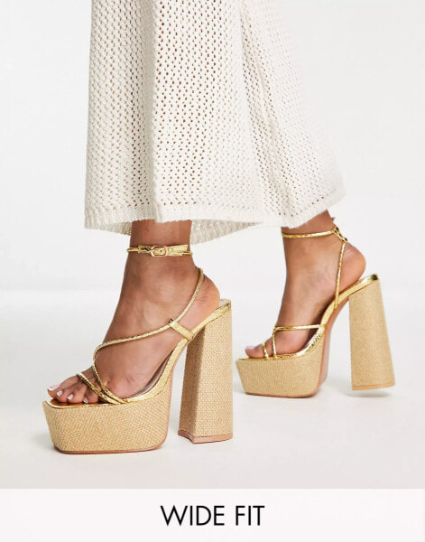 Public Desire Wide Fit Blissful raffia strappy platforms in gold