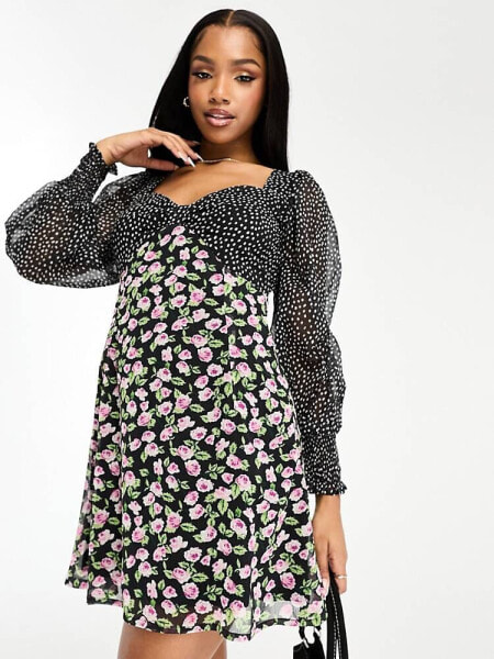 Wednesday's Girl polka dot sleeve floral mini dress in multi