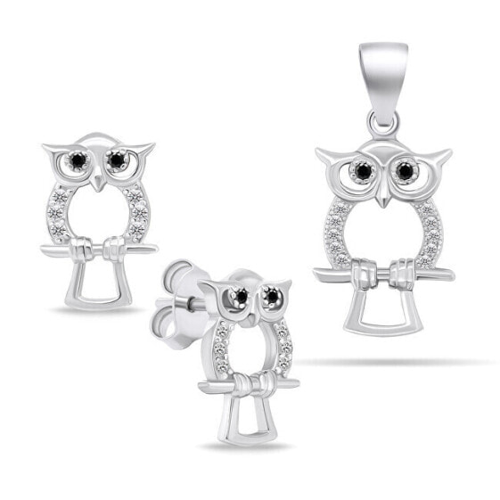 Playful silver jewelry set with zircons Owl SET224W (pendant, earrings)