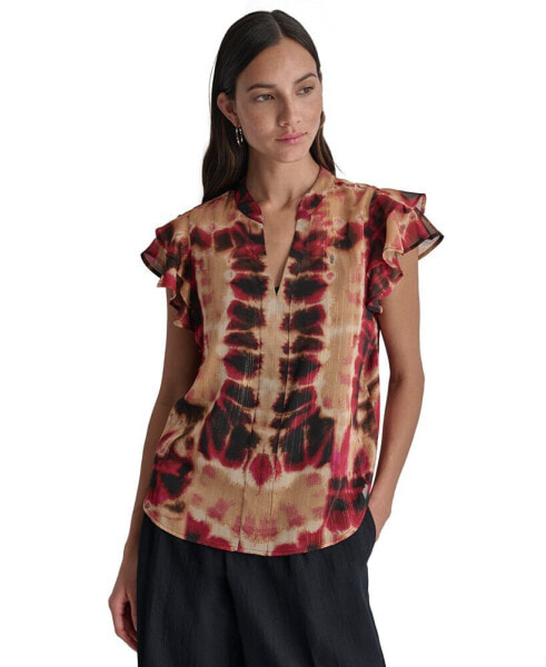 Women's Printed Double-Ruffle-Sleeve Split-Neck Chiffon Blouse