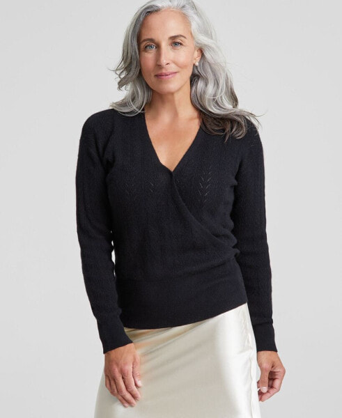 Women's 100% Cashmere Long-Sleeve Pointelle Surplice Sweater, Created for Macy's