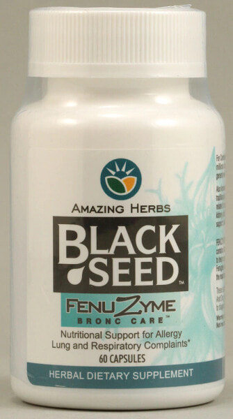 Amazing Herbs Black Seed Fenuzyme Bronc Care Комплекс с экстрактом черного тмина против аллергической реакции 60 вегетарианских капсул