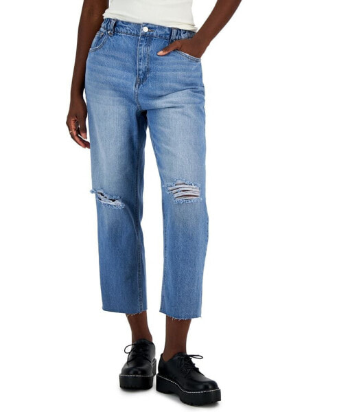 Juniors' Elastic-Waist Cropped Straight-Leg Jeans