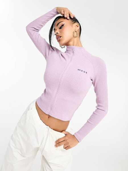 Nicce juno co-ord rib zip through long sleeve top in light pink 