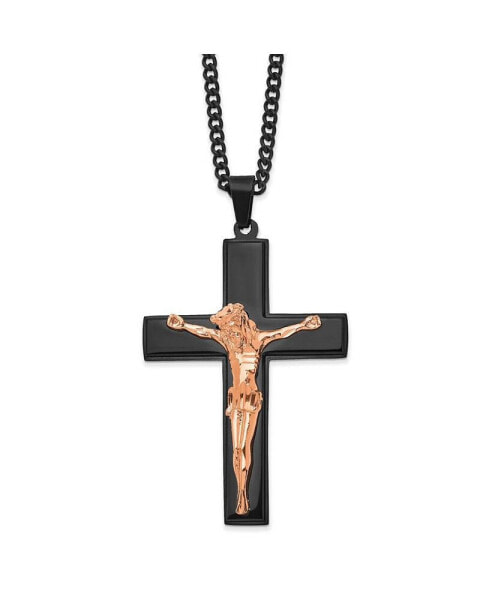 Black and Rose IP-plated Crucifix Pendant Curb Chain Necklace