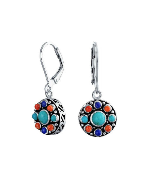 Multi Stone Lapis Turquoise Orange Coral Medallion Dangle Earrings For Women Oxidized .925 Sterling Silver Lever Back