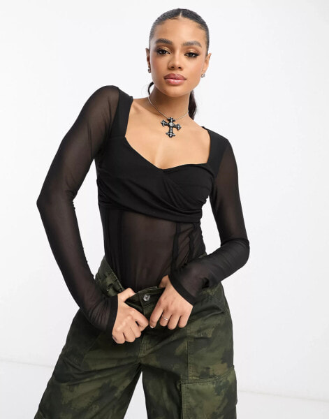 ASOS DESIGN long sleeve mesh panel wrap bodysuit in black