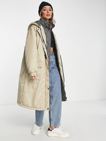 ASOS DESIGN quilted hybrid parka coat in stone