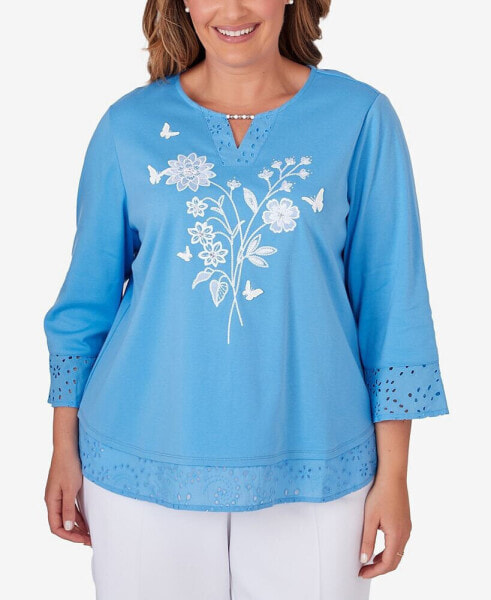 Plus Size Paradise Island Floral Embroidery Top with Eyelet Details