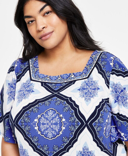 Plus Size Ann Marie Medallion Square-Neck Top, Created for Macy's